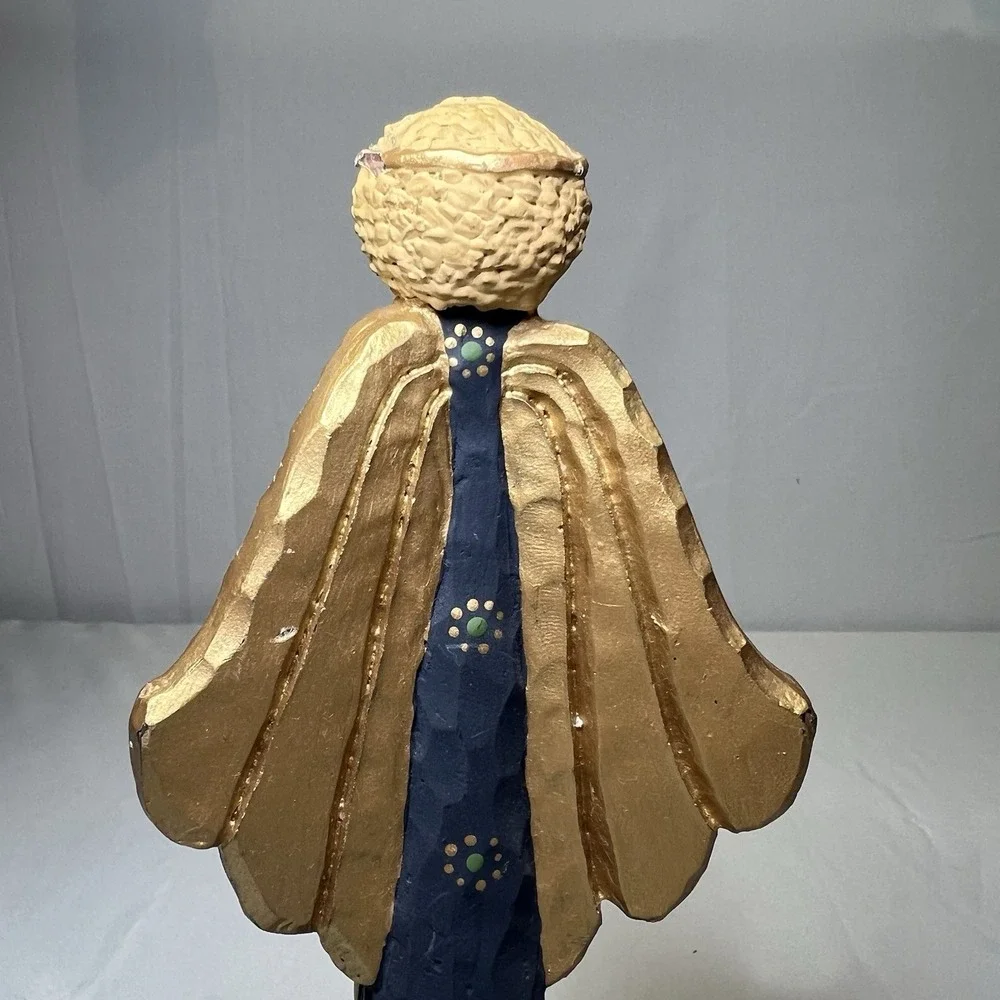 Folk Art Angel Figurine Navy Blue Gold Scroll Unto Us A Child Is Born‎ Primitive